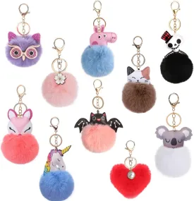 10pcs Animal Pom Pom Keychain, Cute Fluffy Key Ring, Unicorn, Owl, Koala, Heart, Fox, Bat, Cat, Multicolor