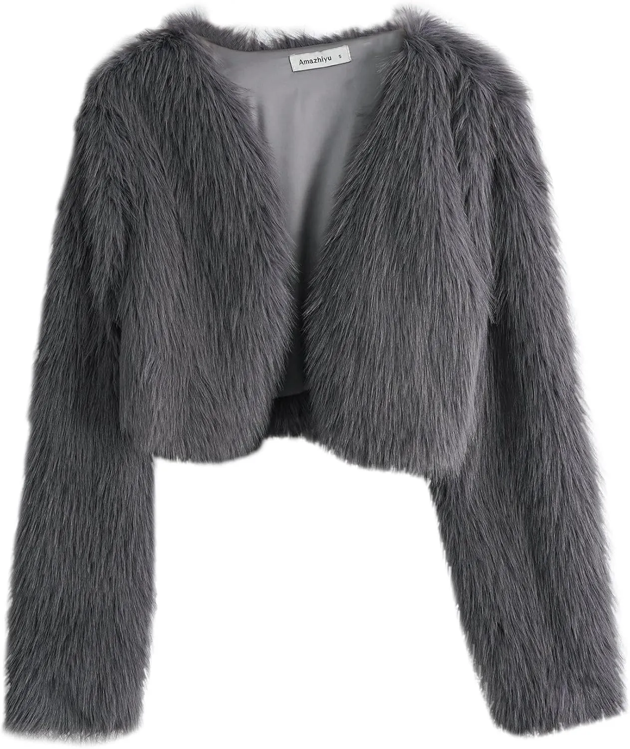 Amazhiyu Women's Faux Fur Cropped Coat Long Sleeve Open Front Winter Jacket