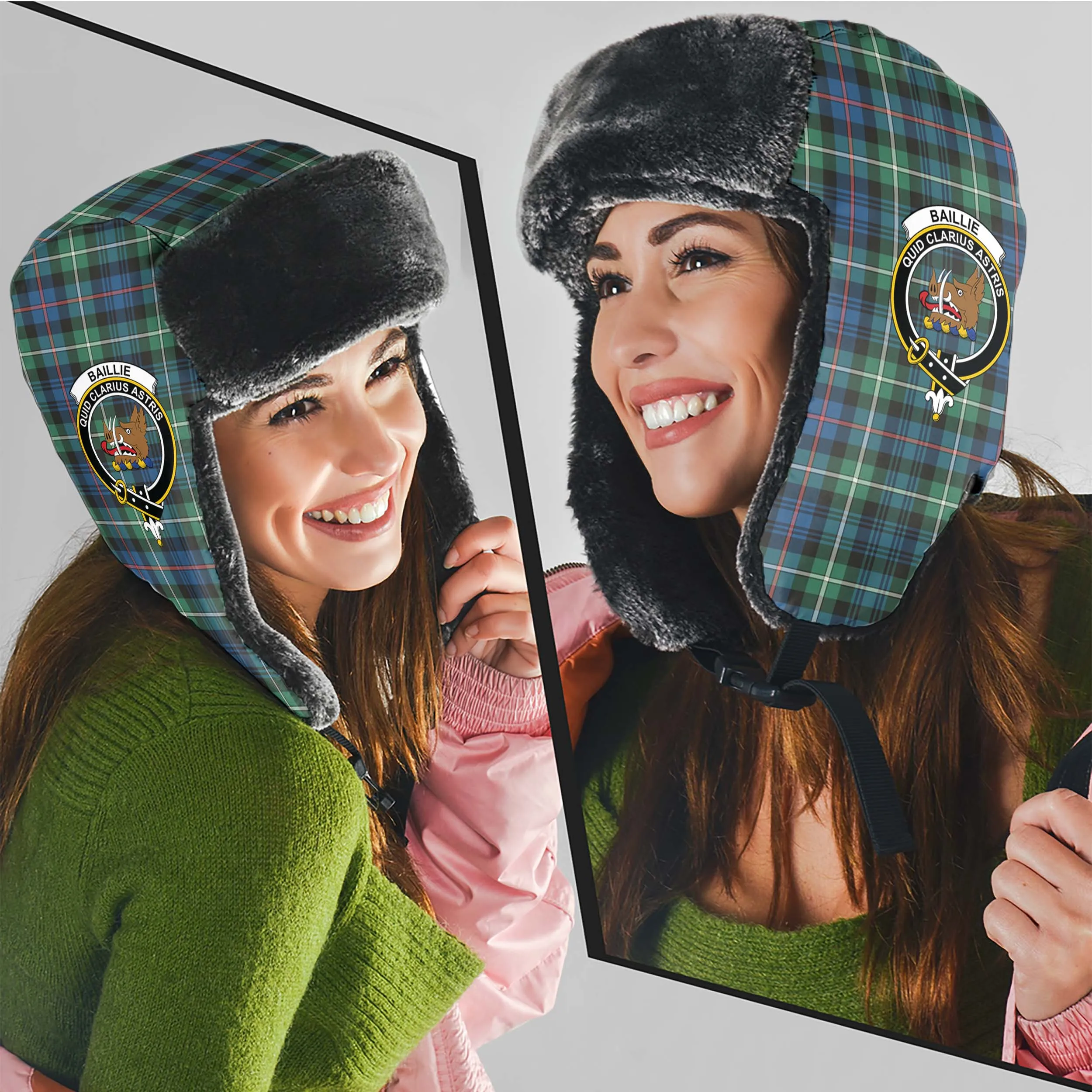 Baillie Ancient Tartan Winter Trapper Hat with Family Crest