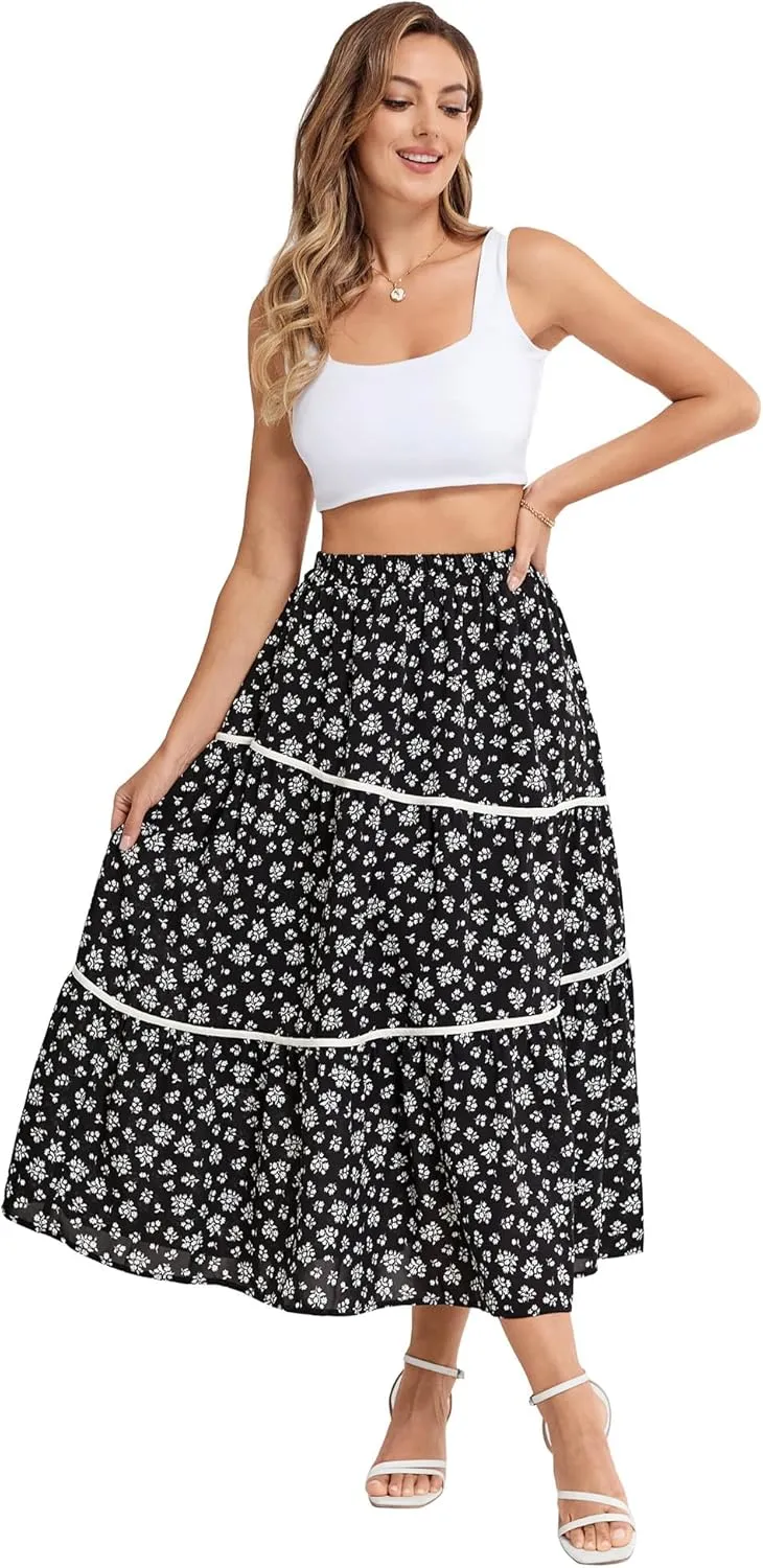 Belle Poque Womens Boho Elastic High Waisted Skirts Flowy Tiered Long Skirts Asymmetrical Skirt with Pockets