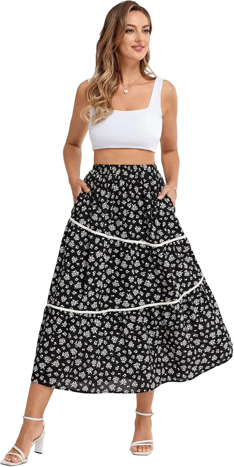 Belle Poque Womens Boho Elastic High Waisted Skirts Flowy Tiered Long Skirts Asymmetrical Skirt with Pockets