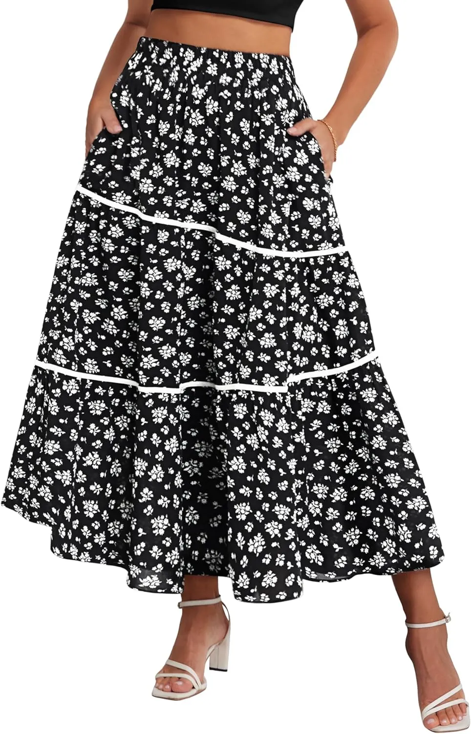Belle Poque Womens Boho Elastic High Waisted Skirts Flowy Tiered Long Skirts Asymmetrical Skirt with Pockets