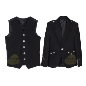 Black Argyle Jacket with 5-Button Vest for Kids - Classic Scottish Design with Diamond Celtic Buttons