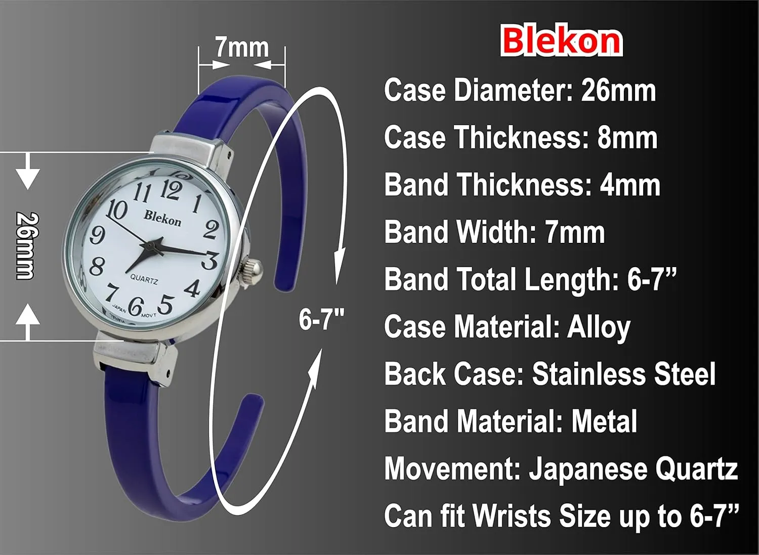 Blekon Collections Quartz Womens 26mm Delicate Metal Cuff Bangle Watch