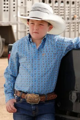 BOY'S MATCH DAD MEDALLION PRINT BUTTON-DOWN WESTERN SHIRT - BLUE / GRAY