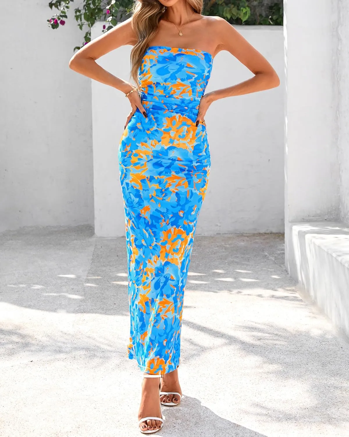 BTFBM Women's Floral Maxi Dresses Summer 2025 Strapless Tube Bodycon Mesh Layered Cocktail Party Wedding Guest Dress