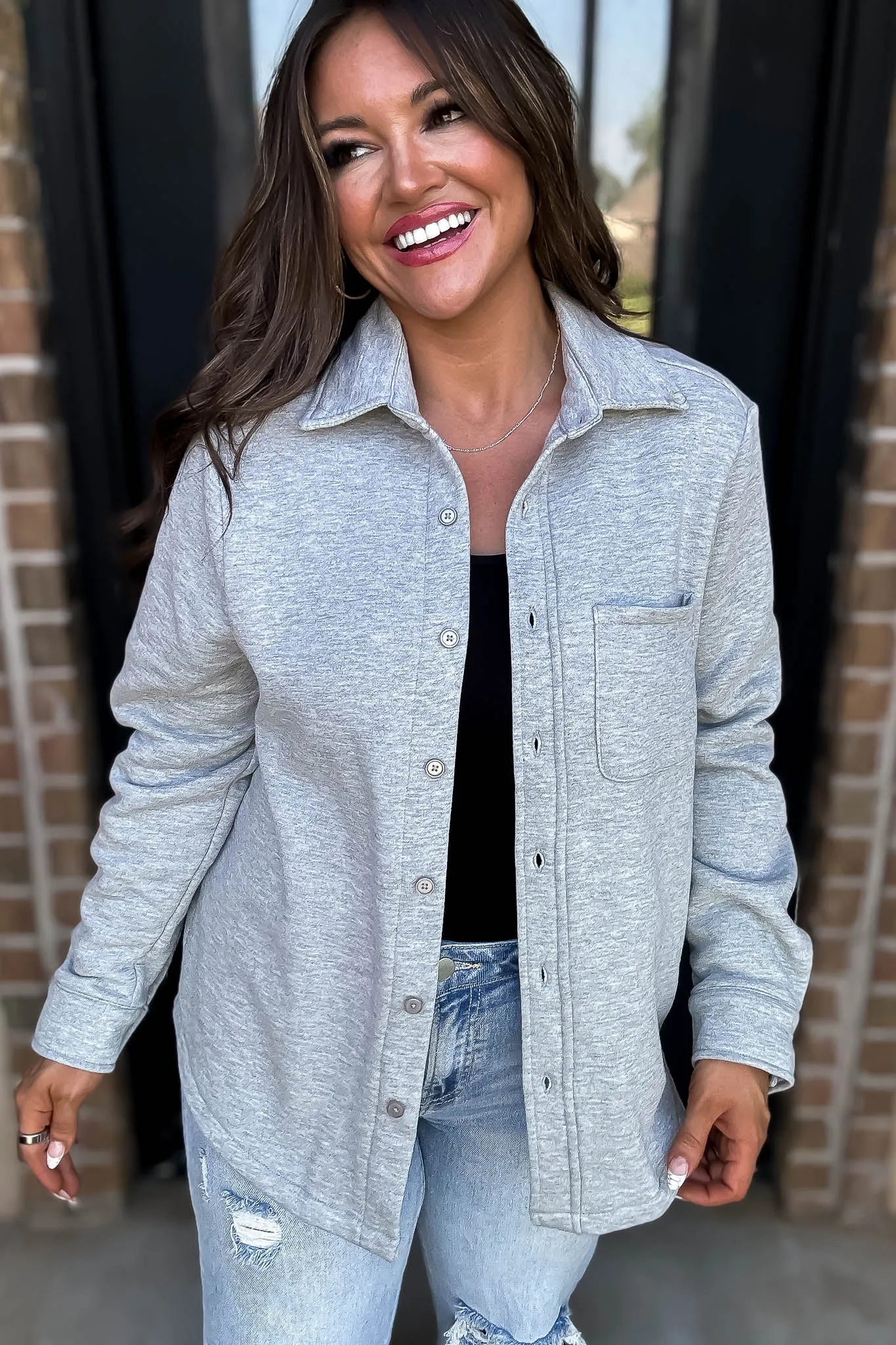 Button Up Heather Grey Fleece Shirt Jacket
