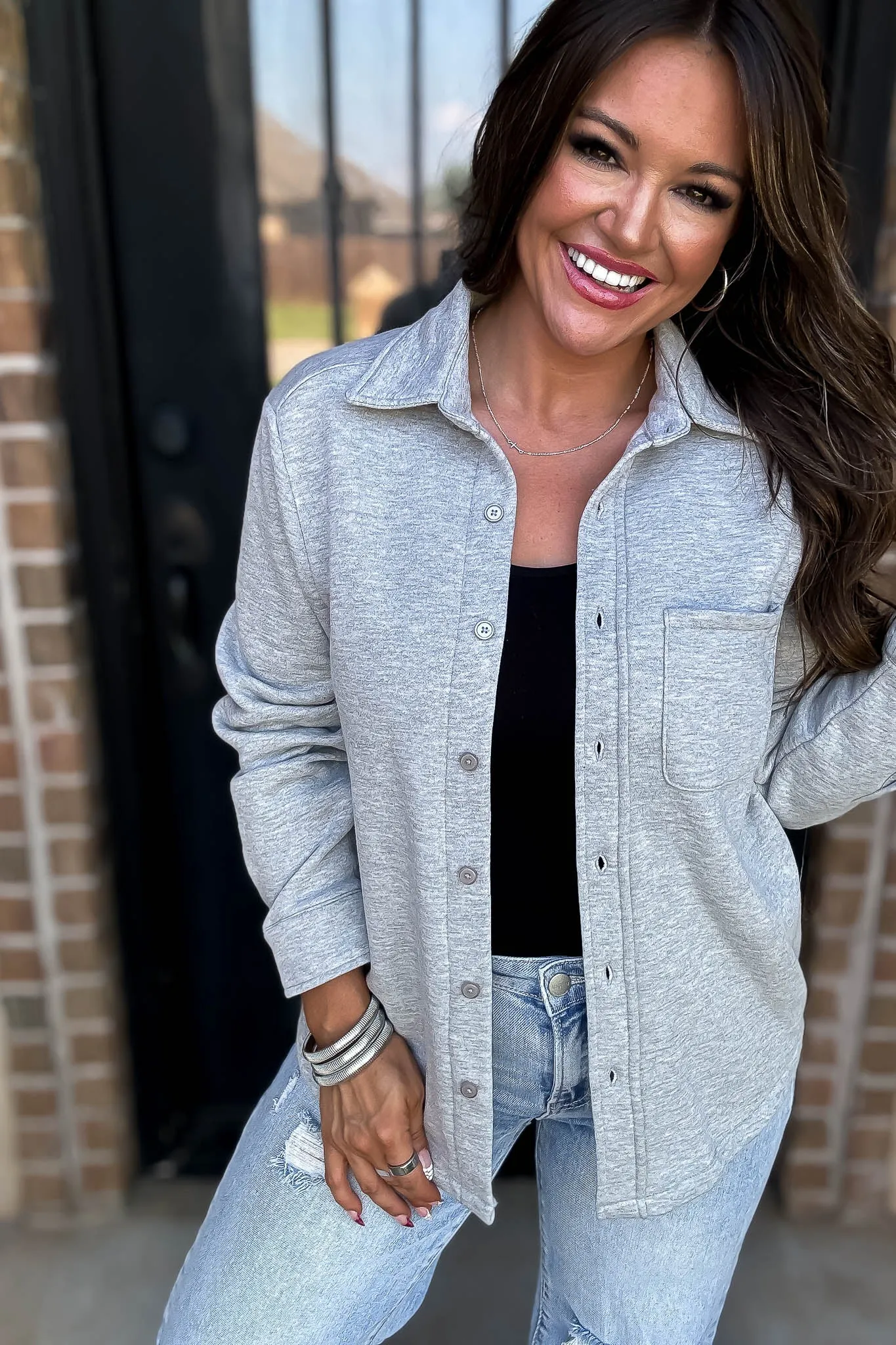 Button Up Heather Grey Fleece Shirt Jacket