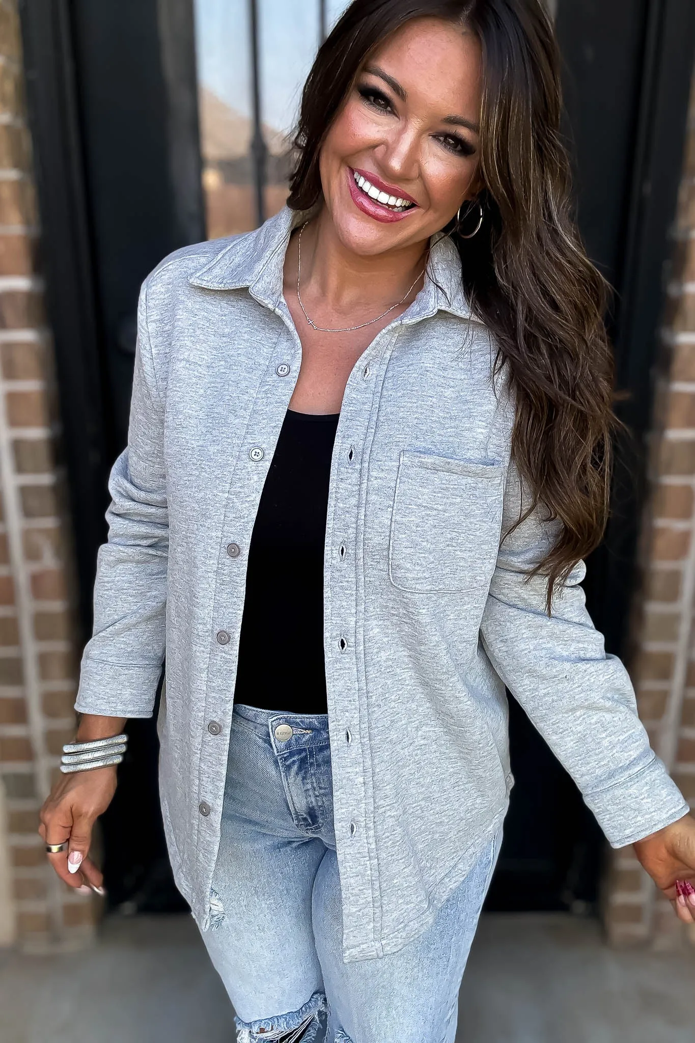 Button Up Heather Grey Fleece Shirt Jacket