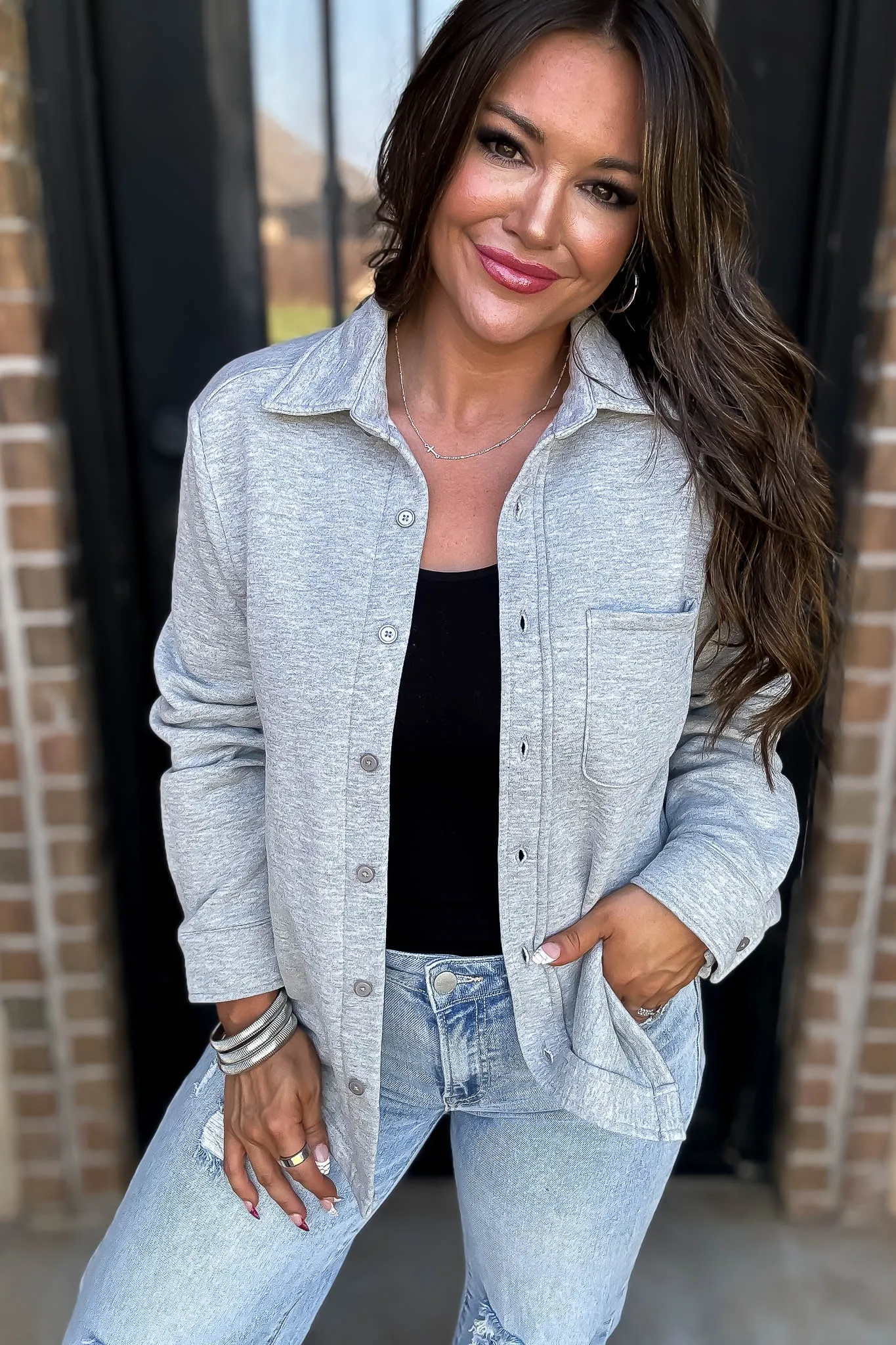 Button Up Heather Grey Fleece Shirt Jacket