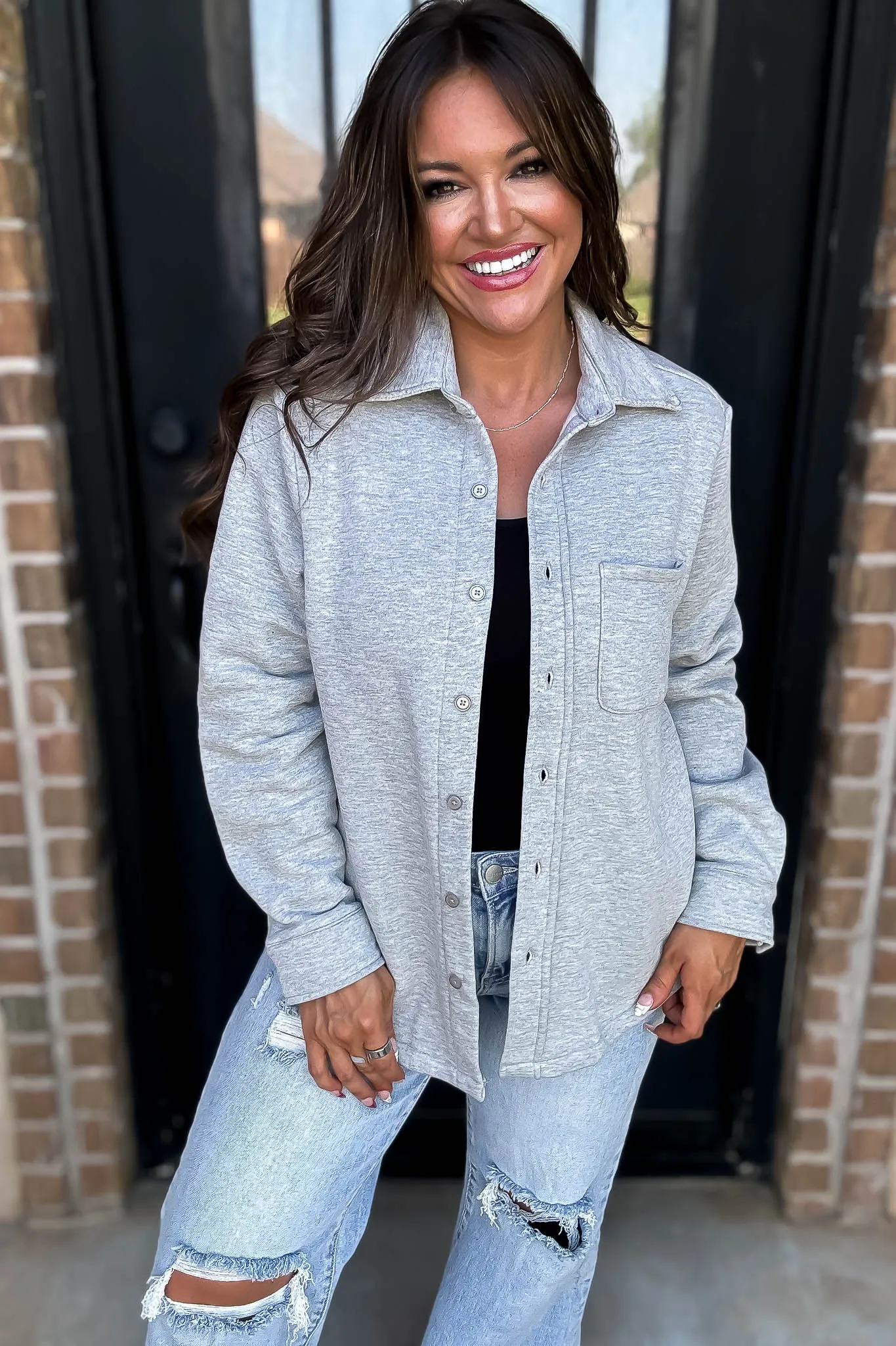 Button Up Heather Grey Fleece Shirt Jacket