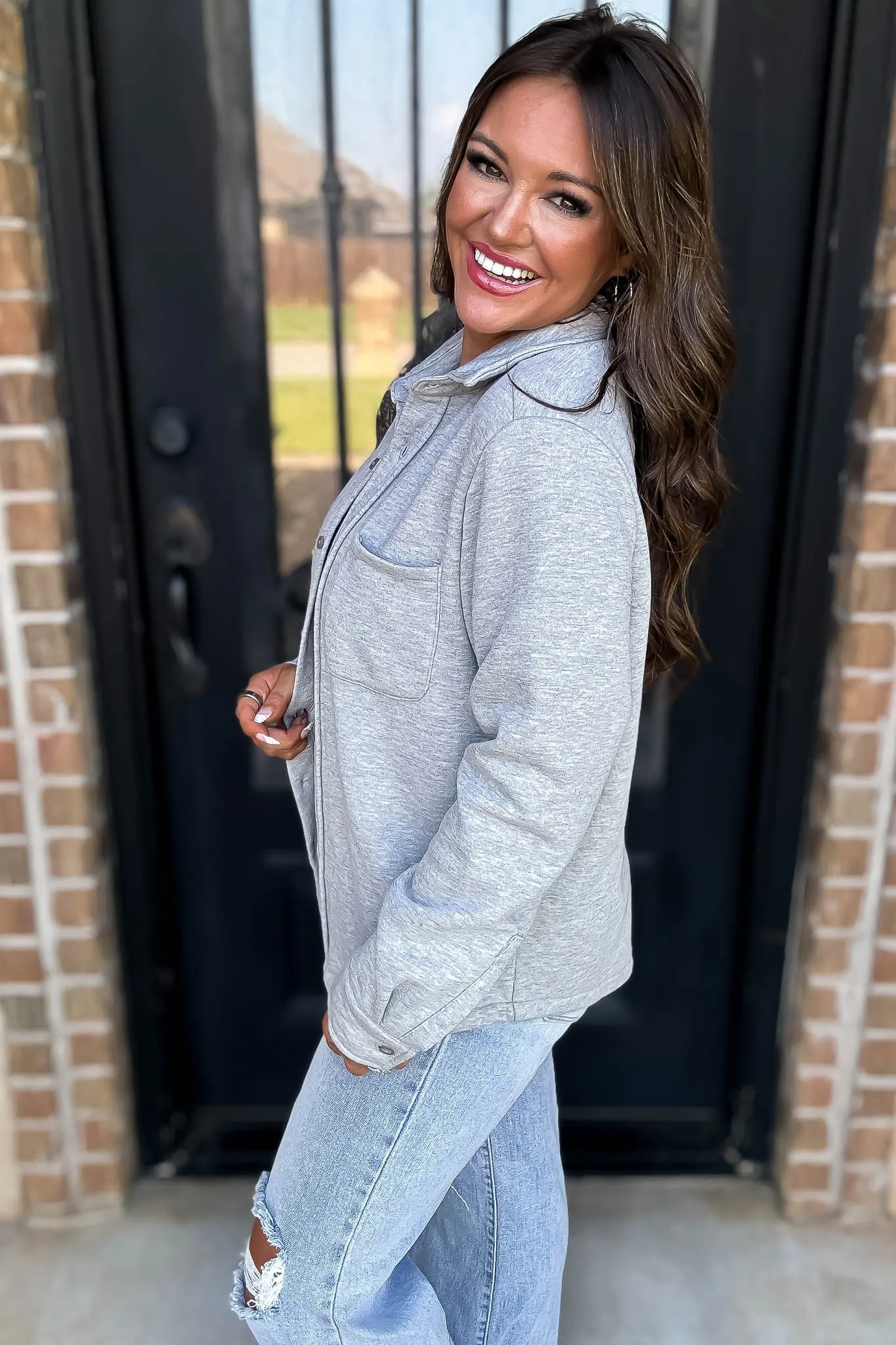 Button Up Heather Grey Fleece Shirt Jacket