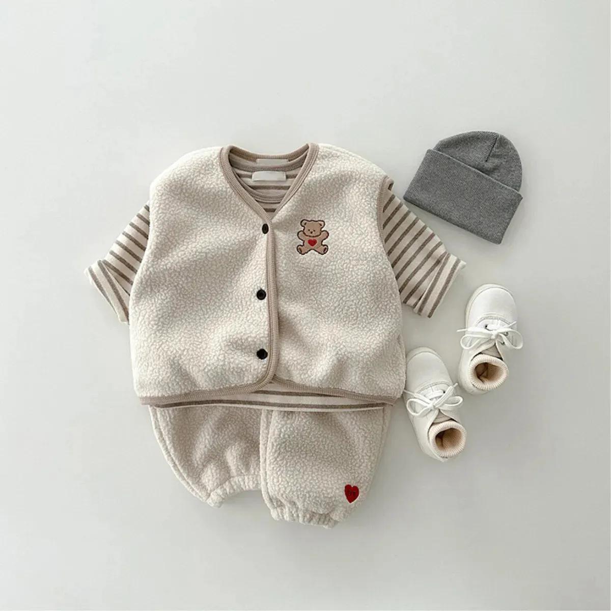 Cartoon Bear Fleece Vest & Pants Set