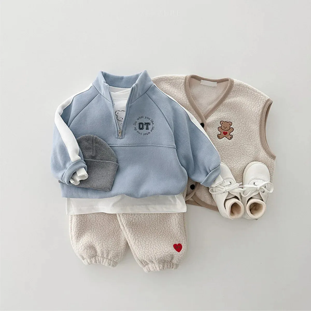 Cartoon Bear Fleece Vest & Pants Set
