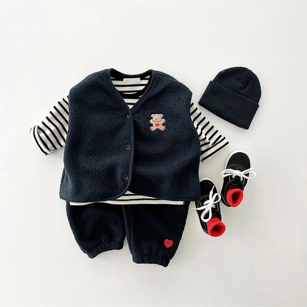 Cartoon Bear Fleece Vest & Pants Set