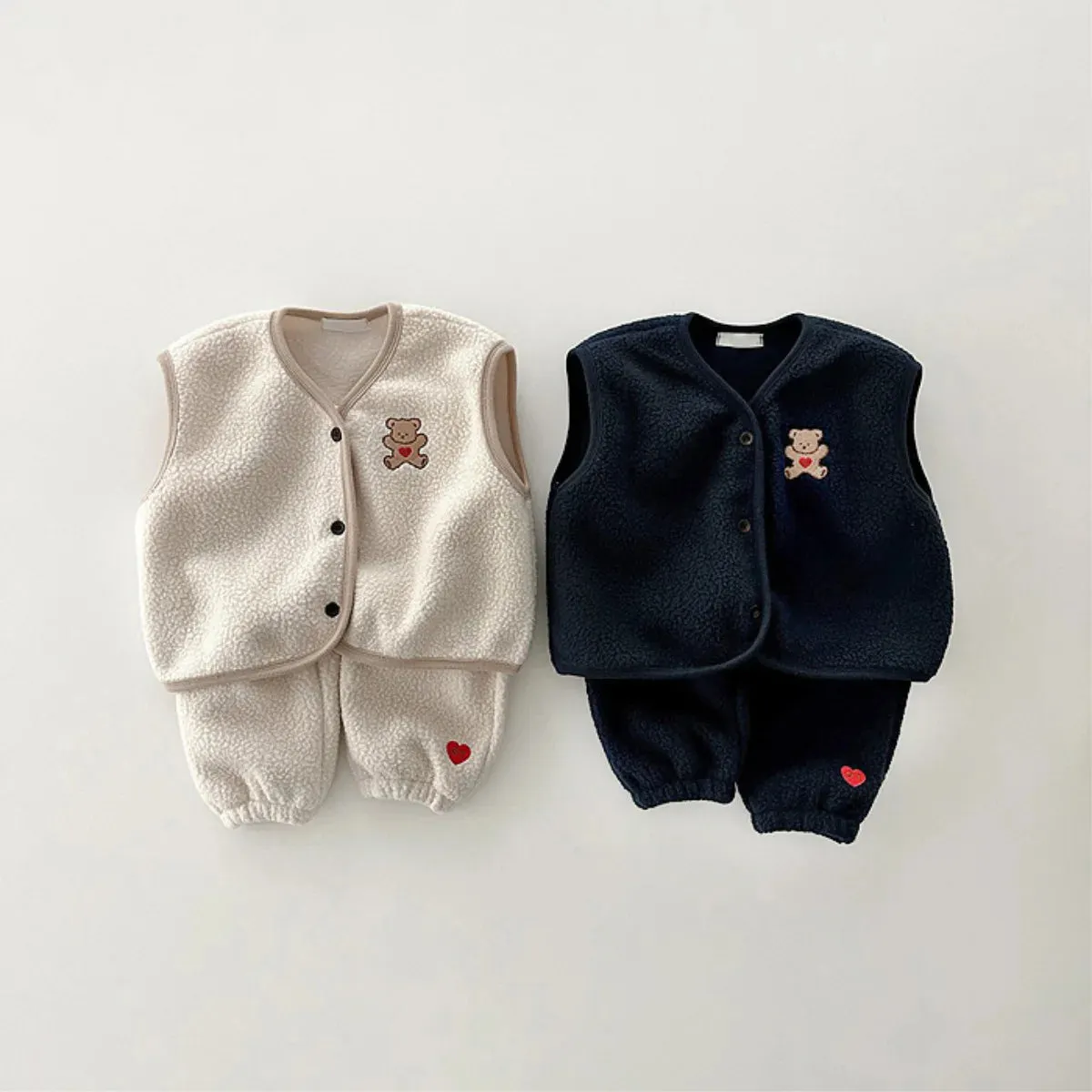 Cartoon Bear Fleece Vest & Pants Set