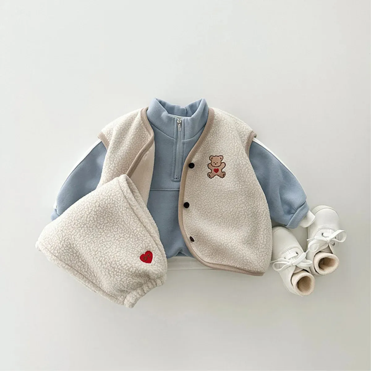 Cartoon Bear Fleece Vest & Pants Set