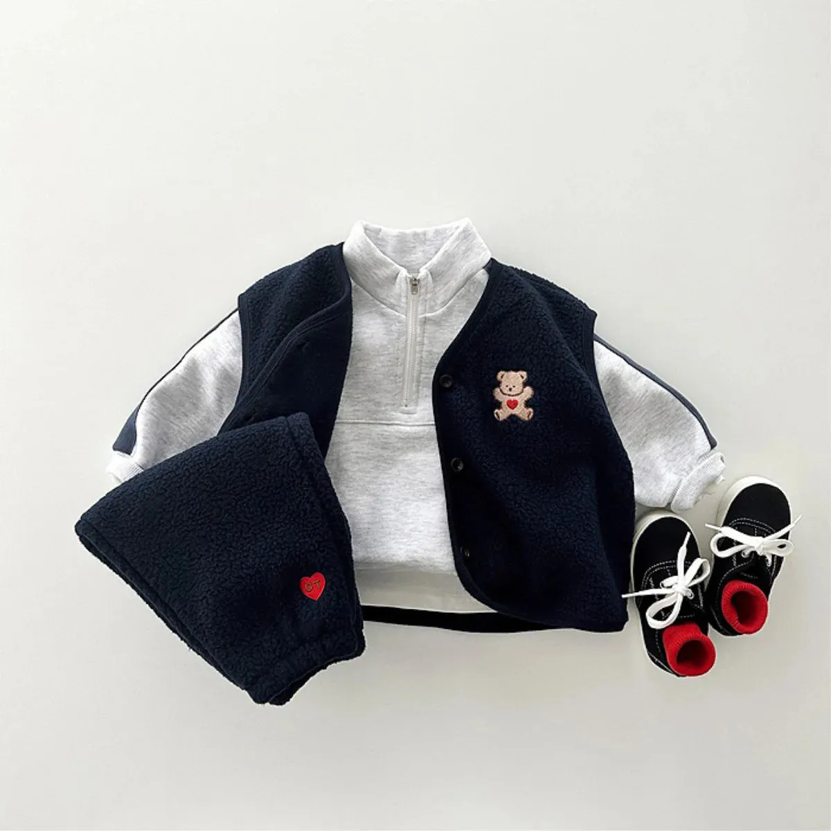 Cartoon Bear Fleece Vest & Pants Set