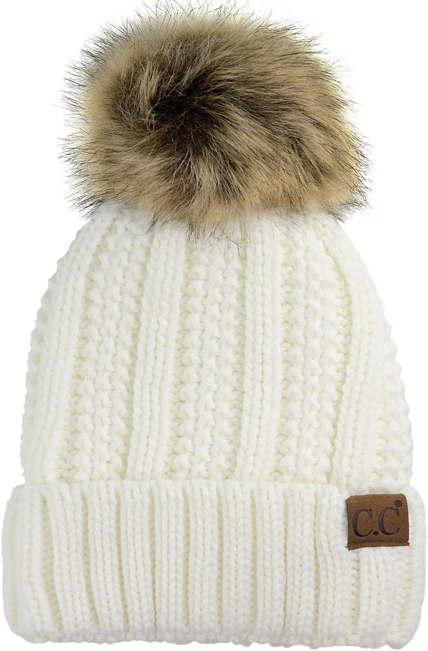 C.C Thick Cable Knit Faux Fuzzy Fur Pom Fleece Lined Skull Cap Cuff Beanie