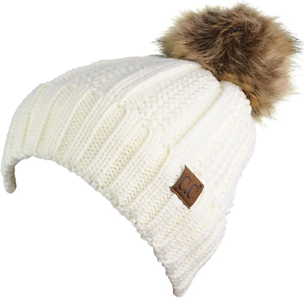 C.C Thick Cable Knit Faux Fuzzy Fur Pom Fleece Lined Skull Cap Cuff Beanie