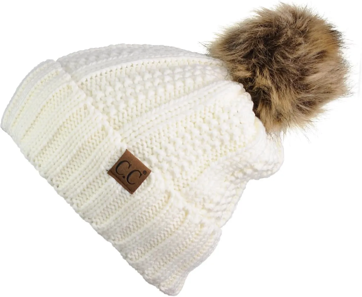 C.C Thick Cable Knit Faux Fuzzy Fur Pom Fleece Lined Skull Cap Cuff Beanie