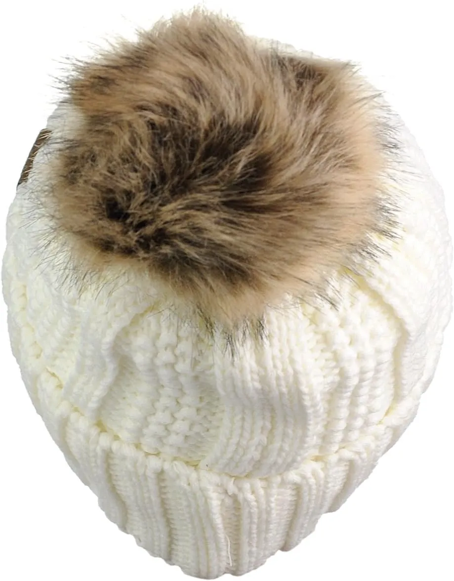 C.C Thick Cable Knit Faux Fuzzy Fur Pom Fleece Lined Skull Cap Cuff Beanie