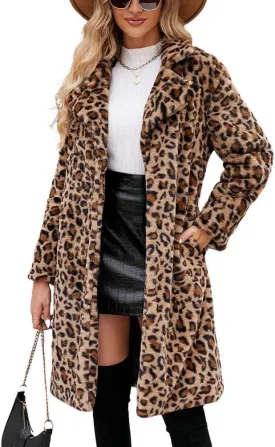 chouyatou Women's Open Front Leopard Print Faux Fur Long Trench Coat Lapel Collar Furry Jacket Coat