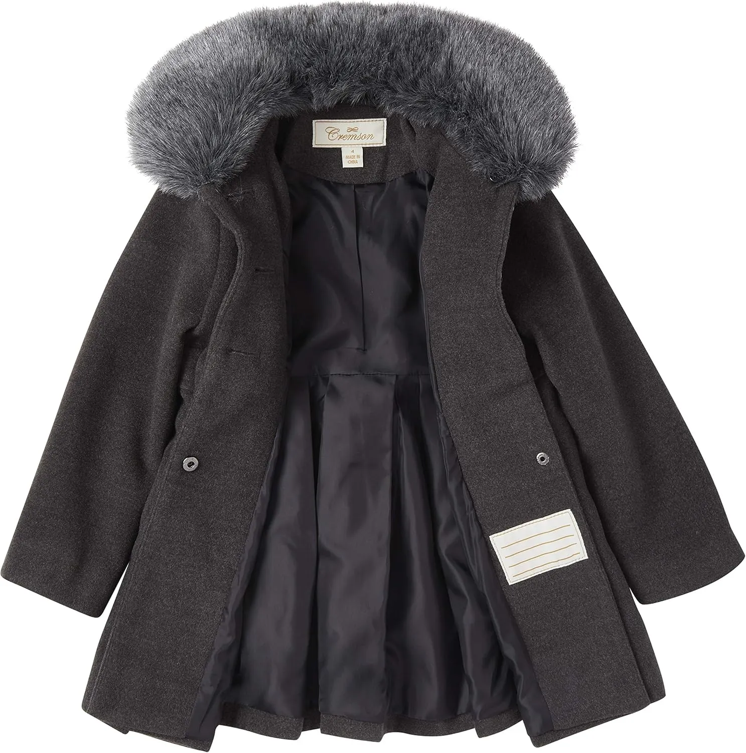 Cremson Girl Wool Look Winter Princess Bow Dress Pea Coat Jacket Faux Fur Collar