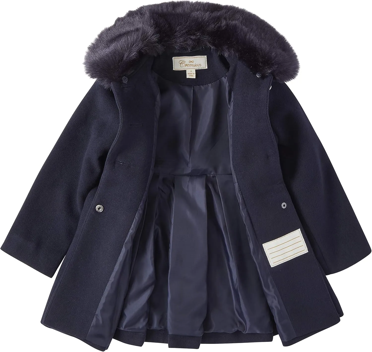 Cremson Girl Wool Look Winter Princess Bow Dress Pea Coat Jacket Faux Fur Collar