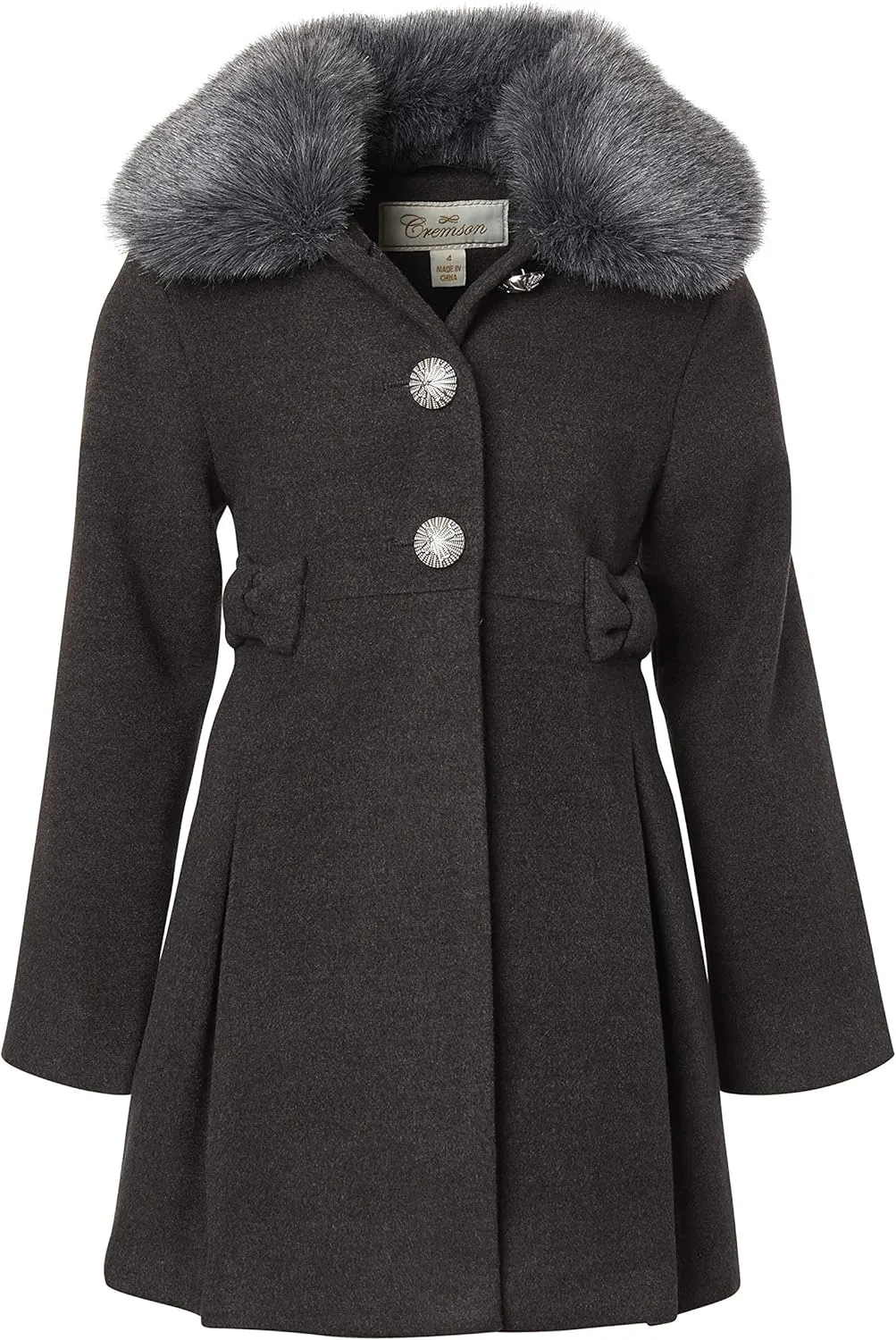 Cremson Girl Wool Look Winter Princess Bow Dress Pea Coat Jacket Faux Fur Collar