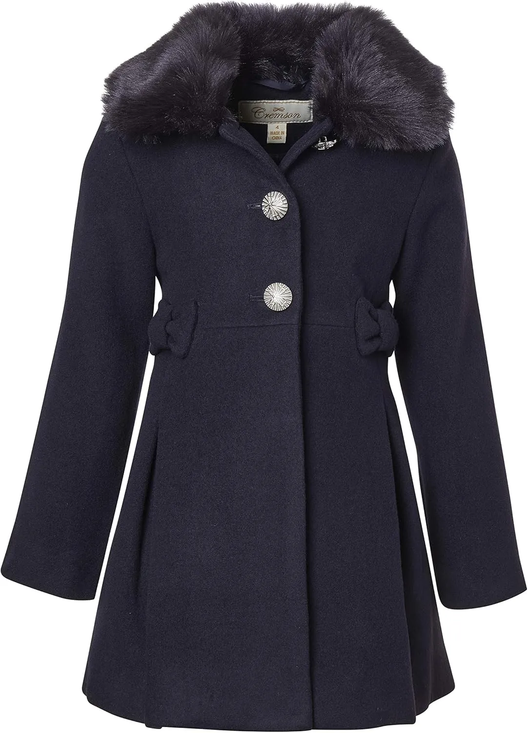 Cremson Girl Wool Look Winter Princess Bow Dress Pea Coat Jacket Faux Fur Collar