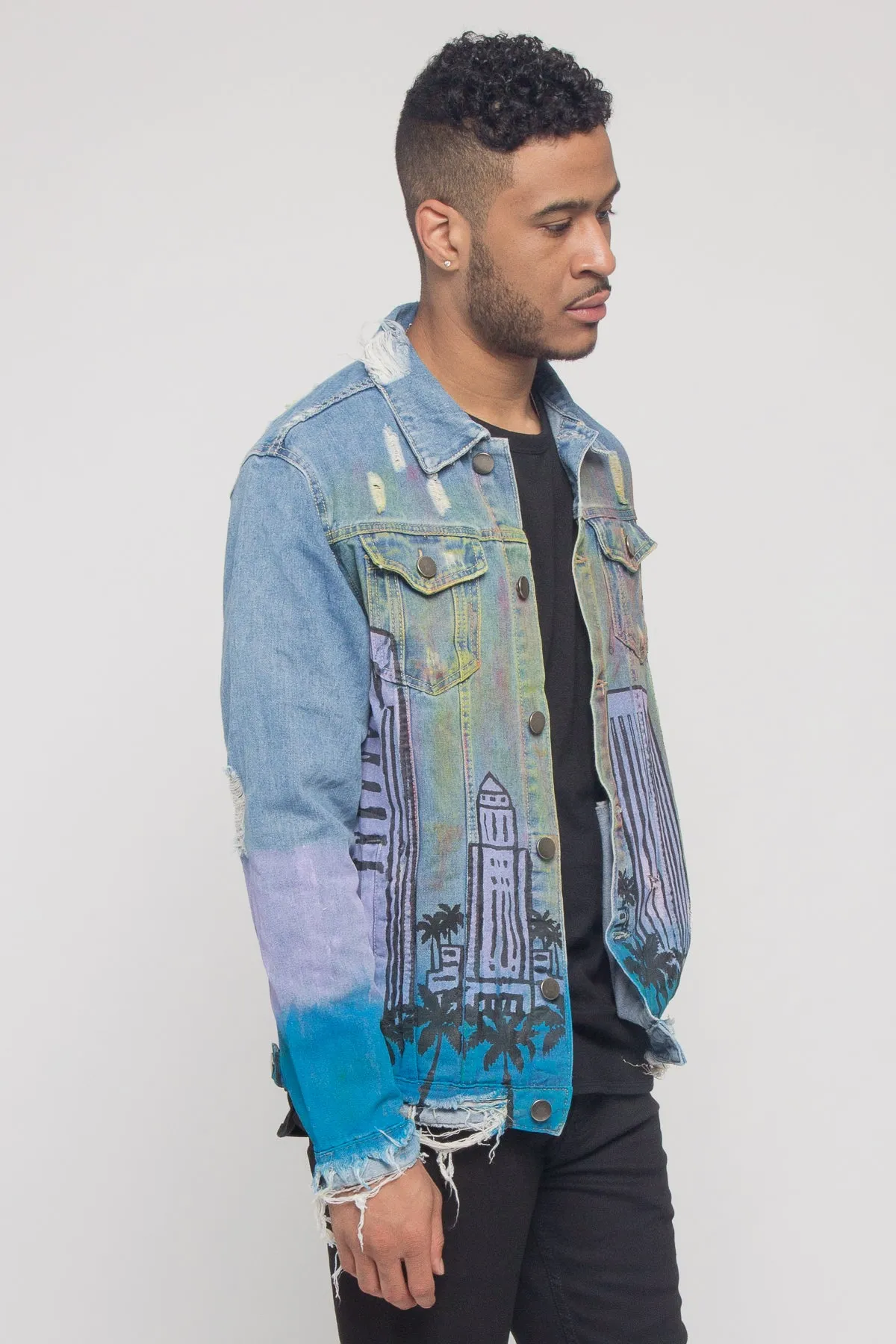 Distressed Airbrushed City Denim Jacket