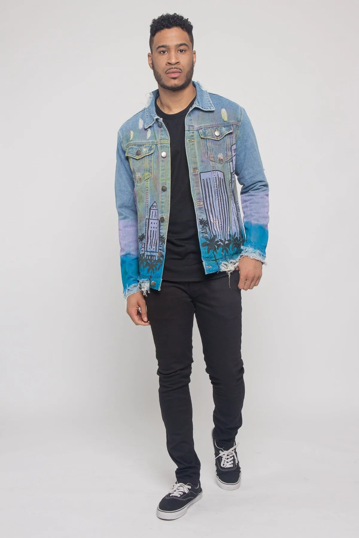 Distressed Airbrushed City Denim Jacket