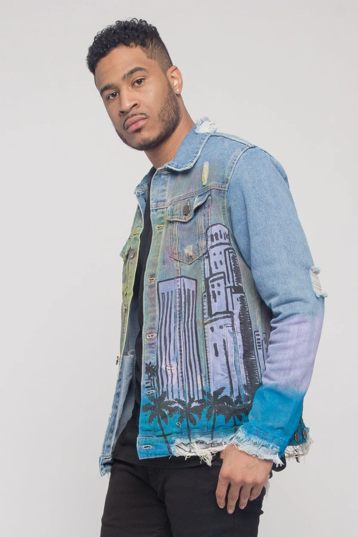 Distressed Airbrushed City Denim Jacket