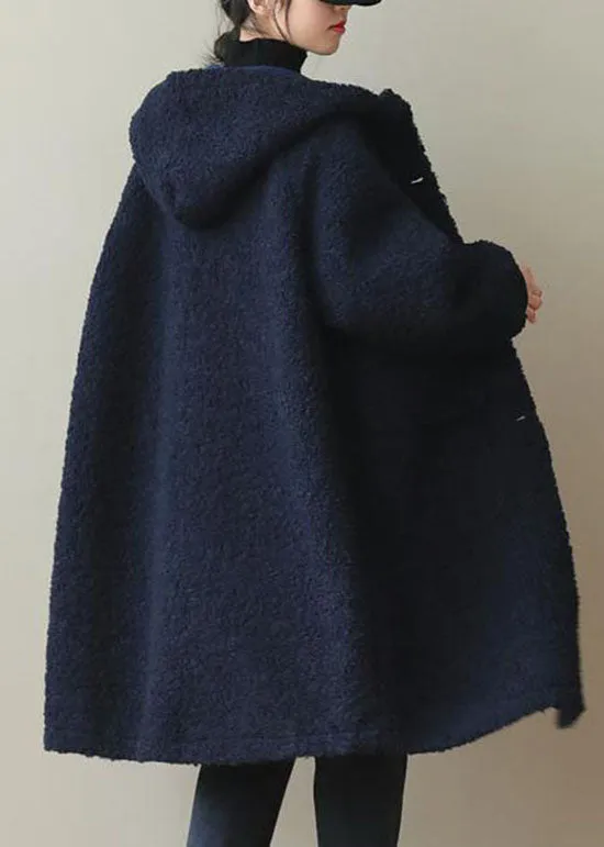 Dunnmall Women Blue Hooded Button Faux Fur Winter Coat