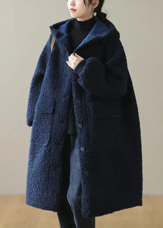 Dunnmall Women Blue Hooded Button Faux Fur Winter Coat