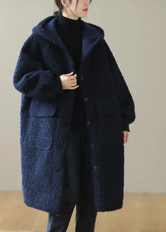 Dunnmall Women Blue Hooded Button Faux Fur Winter Coat