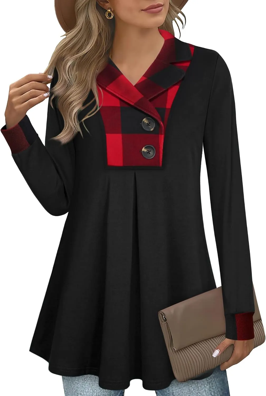 Gaharu Women's Swing Tunic Notch Collar Ladies Button Sweatshirt Long Sleeve Pullover Shirt Tops