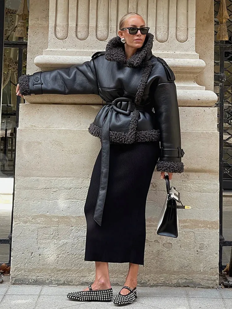 Girlary PU Leather Lamb Wool Patchwork Women's Jackets Belt Solid Lace Up Lapel Thicken Warm Overcoat 2024 Autumn Winter Lady Jacket