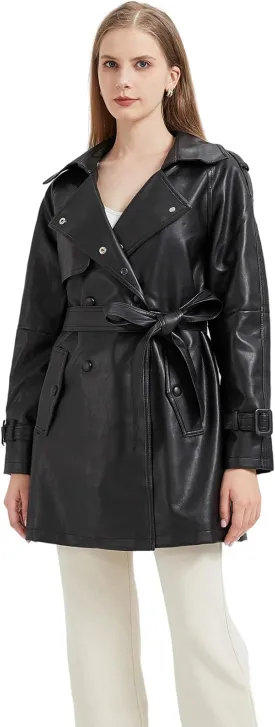 GRAN ORIENTE Women's Faux Leather Trench Coat Overcoat with Detachable Fur Collar,Winter Mid Length Pea Coat Belted Jacket