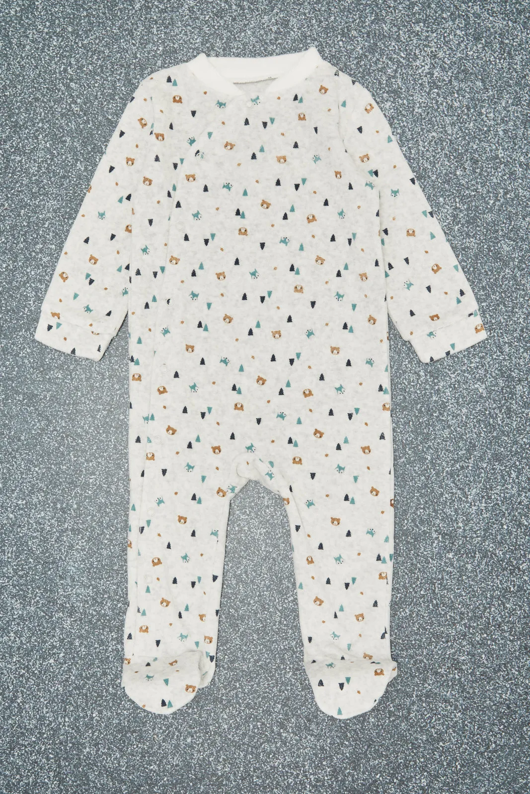 Grey Allover Printed Velour Sleepsuit