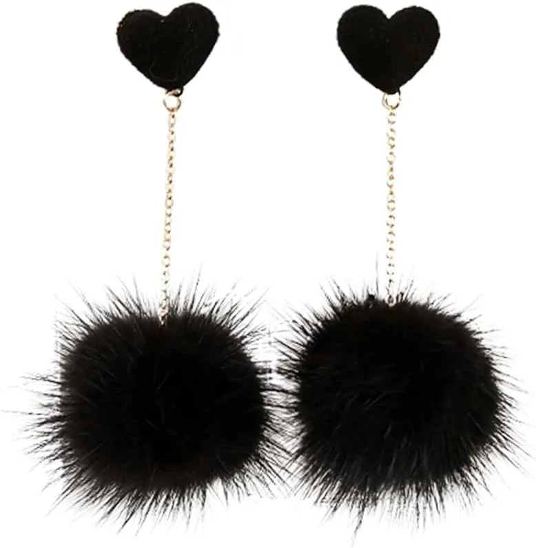 Heart Pom Pom Earrings for Women Colorful Faux Fur Fluffy Pom Earrings Long Chain Soft Pom Ball Tassel Dangle Drop Earrings Fluffy Love Heart Stud Earrings Party Jewelry Gift