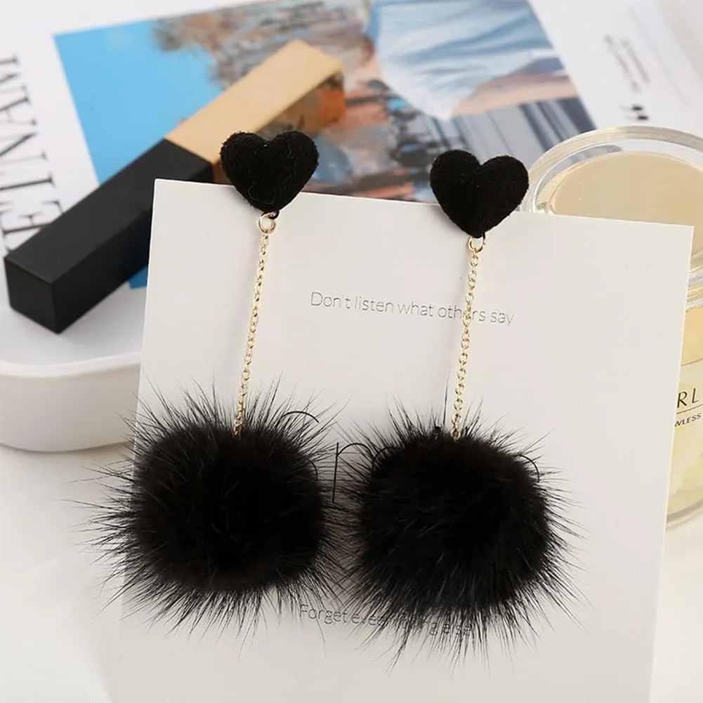 Heart Pom Pom Earrings for Women Colorful Faux Fur Fluffy Pom Earrings Long Chain Soft Pom Ball Tassel Dangle Drop Earrings Fluffy Love Heart Stud Earrings Party Jewelry Gift