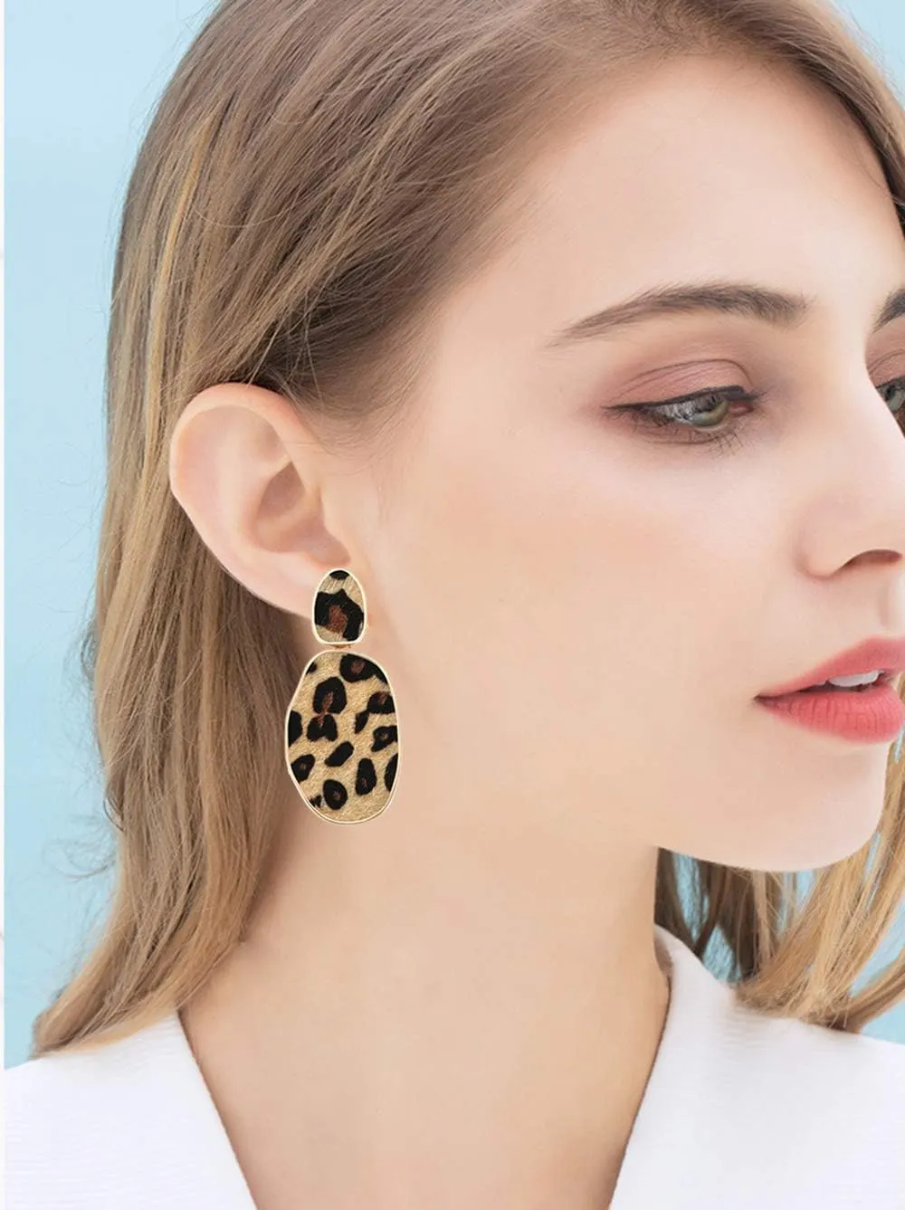 HEIDKRUEGER Leopard Print Earrings Lightweight Geometric Faux Leather Drop Dangle Earring Statement Animal Print Stud Earring for Women