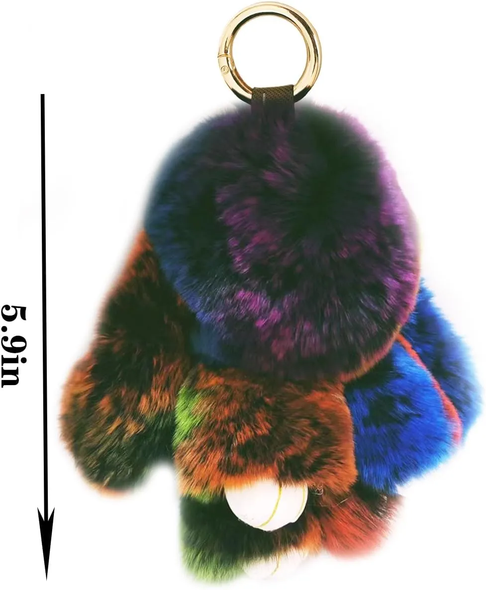 jtkdxqs Soft Cute Bunny Keychain Artificial Rainbow Rabbit Fur Plush Fluffy Pom pom Key Ring for Women