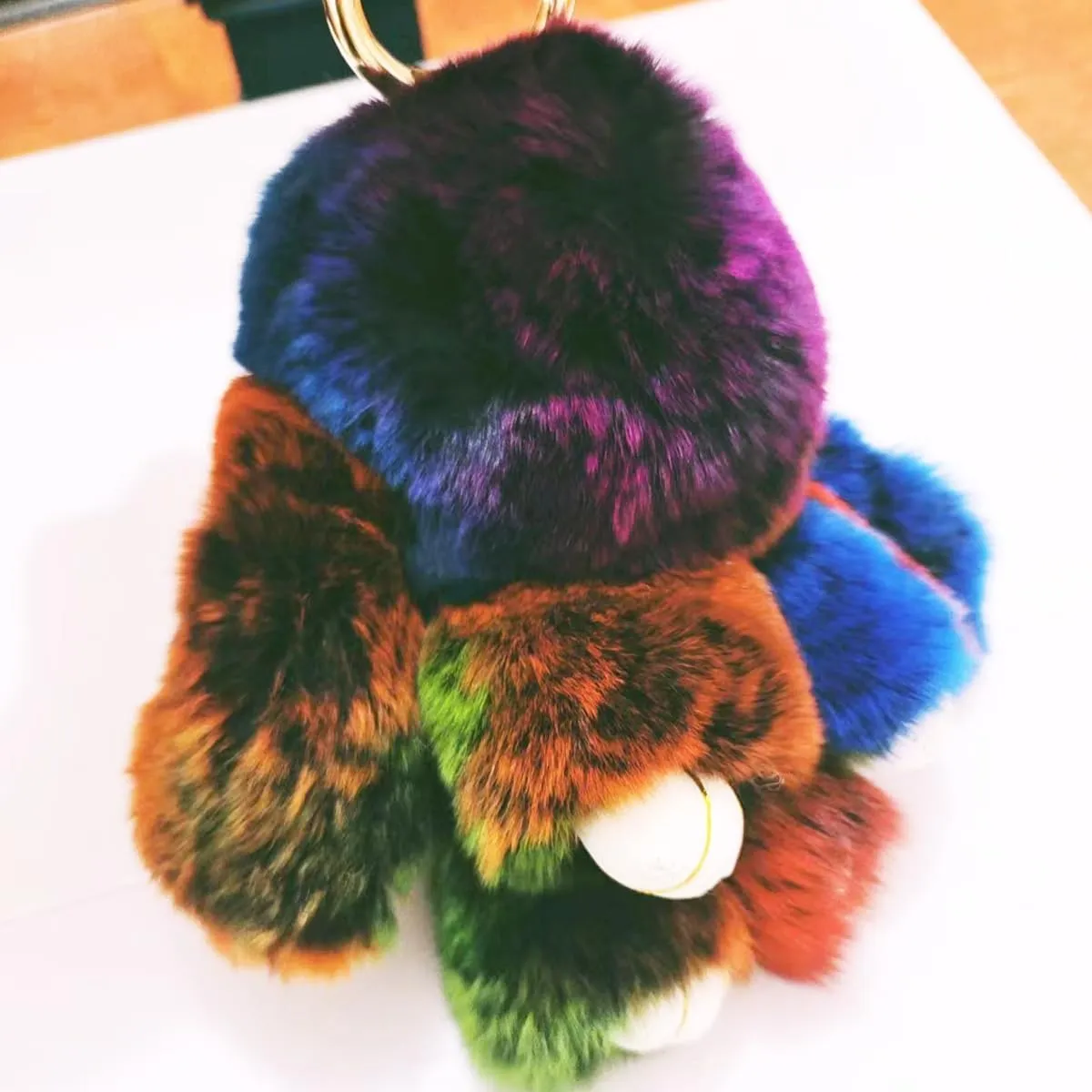 jtkdxqs Soft Cute Bunny Keychain Artificial Rainbow Rabbit Fur Plush Fluffy Pom pom Key Ring for Women