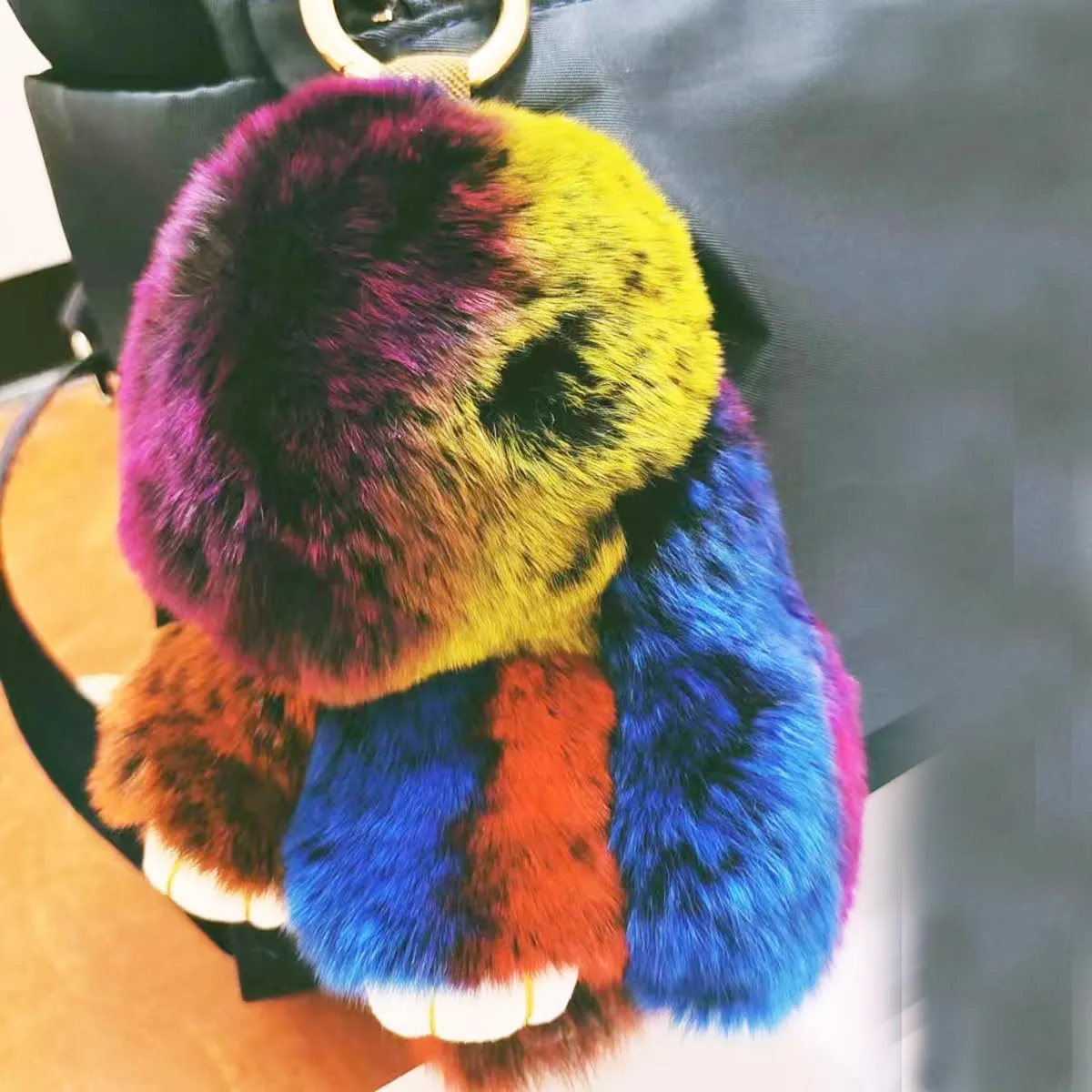 jtkdxqs Soft Cute Bunny Keychain Artificial Rainbow Rabbit Fur Plush Fluffy Pom pom Key Ring for Women