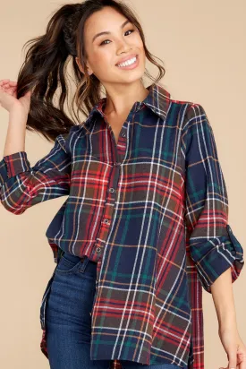Just Like Home Navy Multi Plaid Top