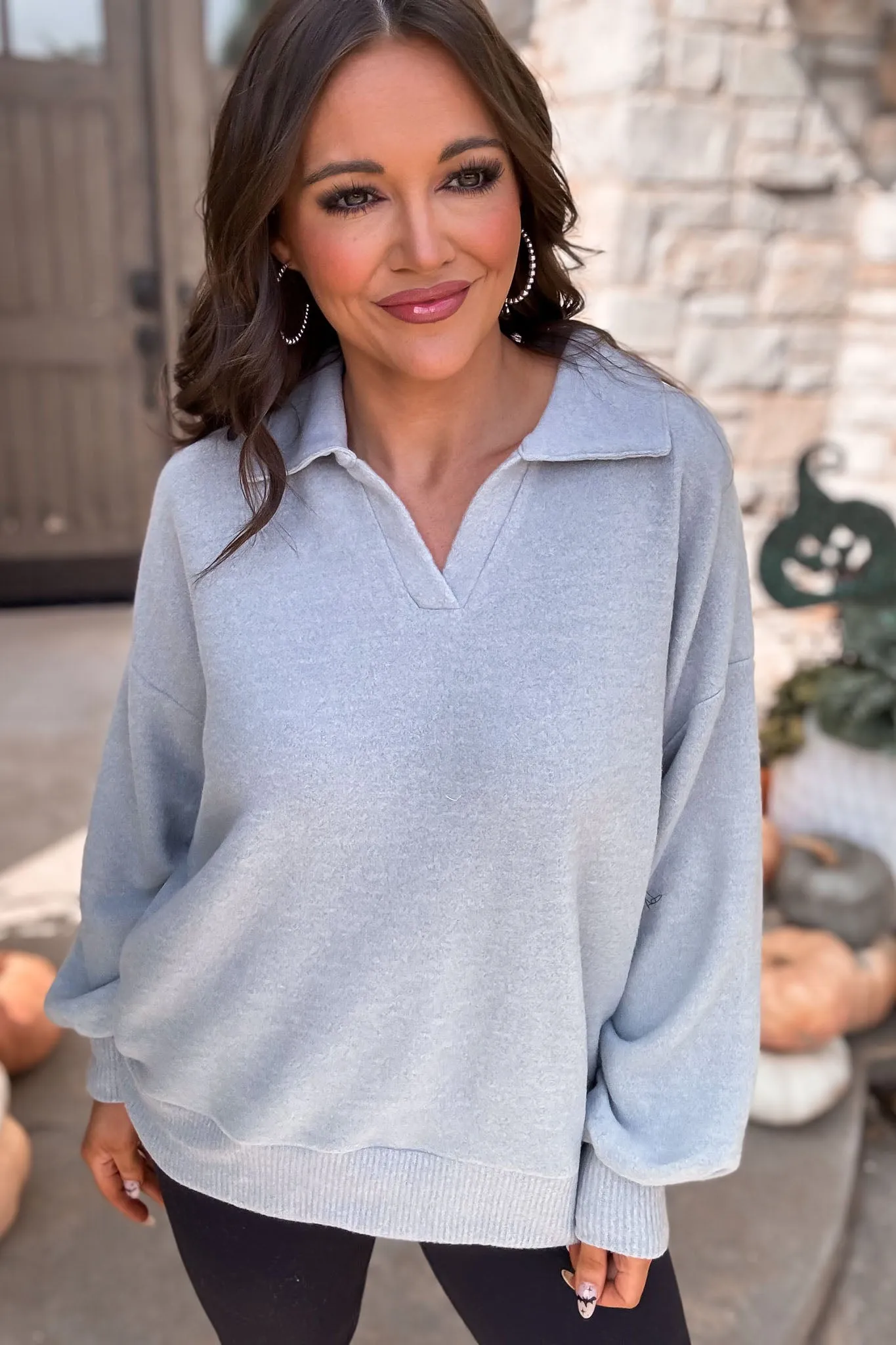 Just Remember Heather Grey Collared Brush Knit Top