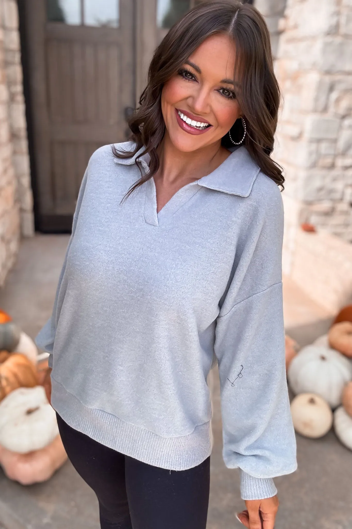 Just Remember Heather Grey Collared Brush Knit Top